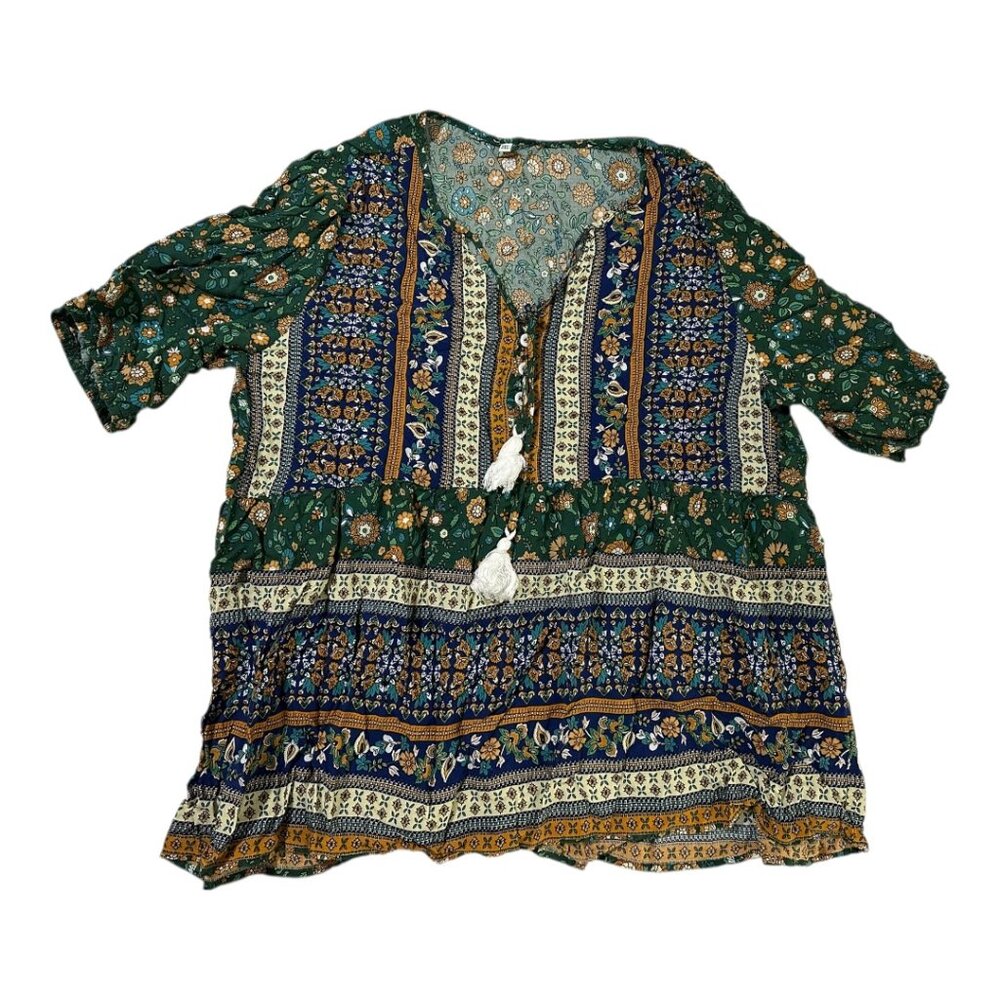 Boho Floral Peasant Top | Multicolor Print | Tassel Tie Blouse | Size XXL